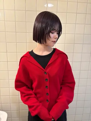 ミディアム カラー 縮毛矯正ボブ&顔まわ レイヤー♡TOMOEのヘアスタイル