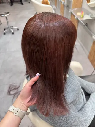 ミディアム カラー 縮毛矯正/暖色カラー ピンクベージュのヘアスタイル