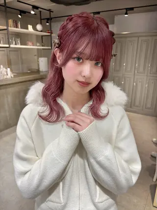 セミロング ヘアアレンジ 無料カットモデル💞 ピンク💞みどりのヘアスタイル