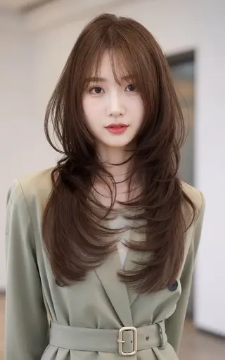 ロング カラー 韓国風レイヤーカラー ライムのヘアスタイル