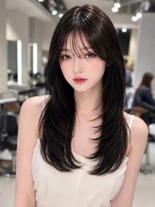 セミロング カラー 髪質改善ストレート 韓国風レイヤー池袋のヘアスタイル