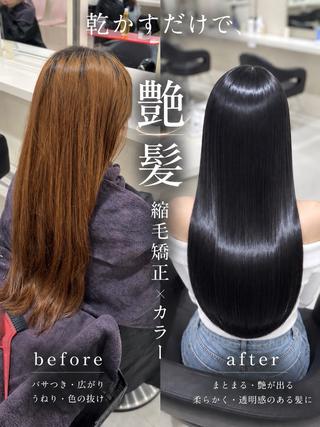 ロング 暗髪×艶髪/縮毛矯正 ブルーブラック/池袋のヘアスタイル