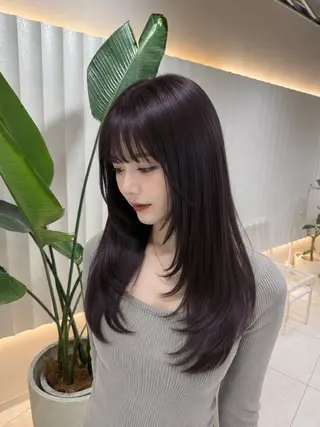 セミロング カラー ラベンダー💜オリー ブ‪💚暗髪🖤のヘアスタイル