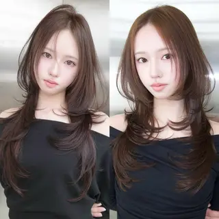 ロング がわ/ハイレイヤー /ハイトーンカラーのヘアスタイル