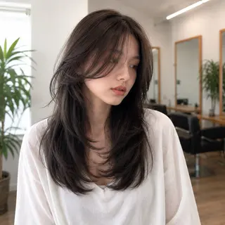 セミロング カラー 顔まわりレイヤー× 韓国ヘアオタベシンヤのヘアスタイル