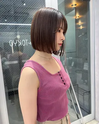 ミディアム カラー 縮毛矯正ボブ&顔まわ レイヤー♡TOMOEのヘアスタイル