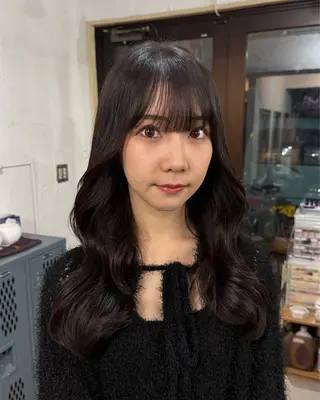 ロング カラー パーマ 韓国レイヤー柔らかい 地毛風縮毛矯正／マツのヘアスタイル