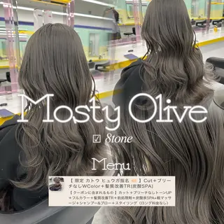 ロング カラー ブリーチ縮毛矯正飛我 透けオリーブ淡色🫧のヘアスタイル