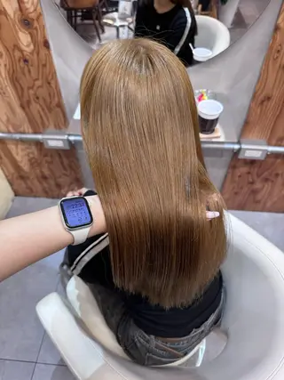 ロング カラー 縮毛矯正/暖色カラー ピンクベージュのヘアスタイル