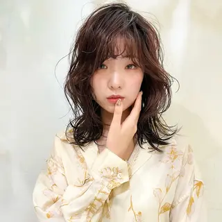 ミディアム カラー 艶透明感カラー/ ルーズパーマ/田中のヘアスタイル