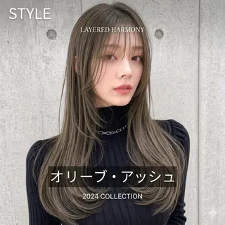ロング カラー ブリーチ縮毛矯正飛我 透けオリーブ淡色🫧のヘアスタイル