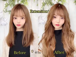 ロング カラー ヘアアレンジ チビ編み込みエクステ シールエクステのヘアスタイル