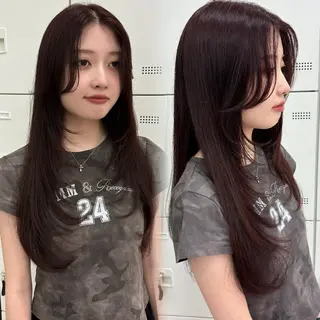 セミロング カラー 抜け感レイヤー︴ ニュアンスカラーのヘアスタイル