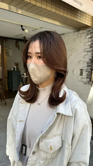 セミロング カラー 韓国レイヤー柔らかい 地毛風縮毛矯正/マツのヘアスタイル