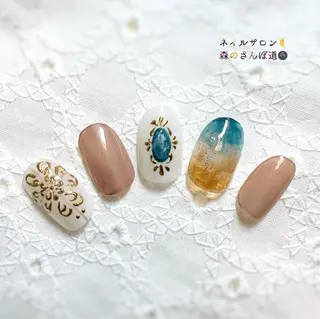 ネイル ショートネイル 森のさんぽ道のネイルデザイン