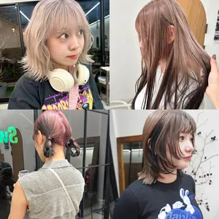 ミディアム カラー パーマ ヘアアレンジ デザインカラー/ボブ ブリーチカラー/ユリのヘアスタイル