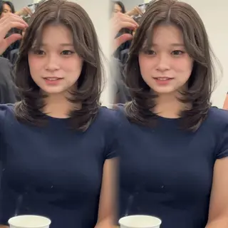 セミロング 顔まわりレイヤー/諒 オリーブカラー/天神のヘアスタイル