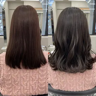 ミディアム 透明感オリーブ🫒/ ブリーチなしWカラーのヘアスタイル