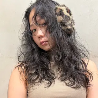 セミロング カラー パーマ レイヤーカット/ 透明感ベージュ　モカのヘアスタイル