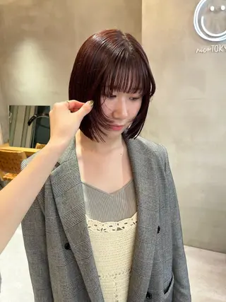 ミディアム カラー 縮毛矯正ボブ&顔まわ レイヤー♡TOMOEのヘアスタイル
