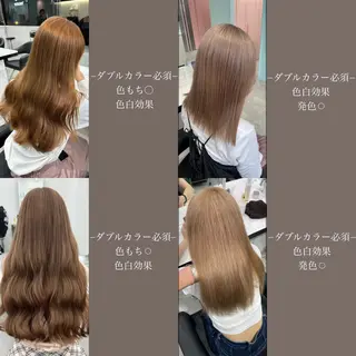 ロング カラー 縮毛ブリーチ／黒染め 複雑履歴／ホワイトのヘアスタイル