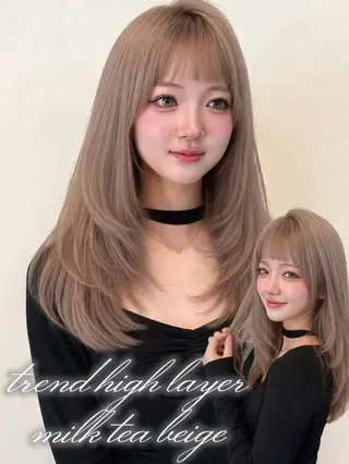 ミディアム カラー ヘアアレンジ 🌿巴結生🌱大宮 ミルクティーベージュのヘアスタイル