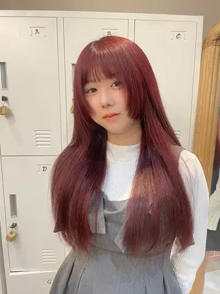 ロング カラー 縮毛矯正/暖色カラー ピンクベージュのヘアスタイル
