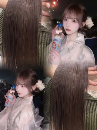 ロング カラー 縮毛矯正/ハイトーン ブリーチなし暖色のヘアスタイル
