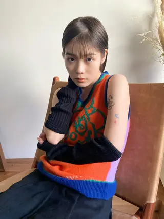 ショート カラー パーマ ヘアアレンジ デザインカラー/ボブ ブリーチカラー/ユリのヘアスタイル