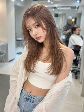 セミロング カラー 韓国ハイレイヤー ハッシュカット特化のヘアスタイル