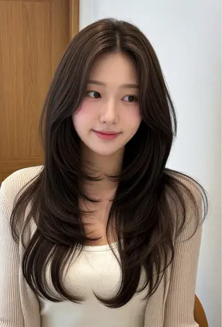ロング カラー 韓国風レイヤーカラー ライムのヘアスタイル