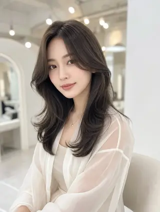 セミロング カラー 韓国レイヤーカット× 髪質改善ラビマーニのヘアスタイル