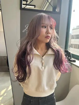 ロング カラー ブリーチ/ミルクティ ーベージュ/天神大名のヘアスタイル