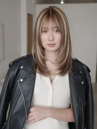ミディアム カラー ブリーチ透明カラー/ レイヤーカット海希のヘアスタイル