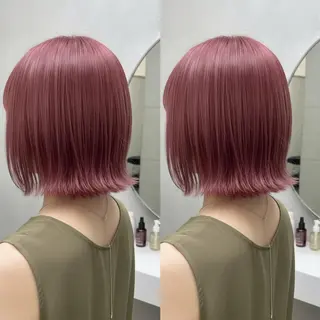ミディアム 💕透明感赤味カラー ぱっつんボブ🩷のヘアスタイル