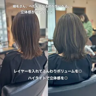ミディアム カラー パーマ ヘアアレンジ メンズ キッズ ネイル マツエク・マツパ アイブロウ 似合せレイヤー/ 柔らか透明感カラーのヘアスタイル