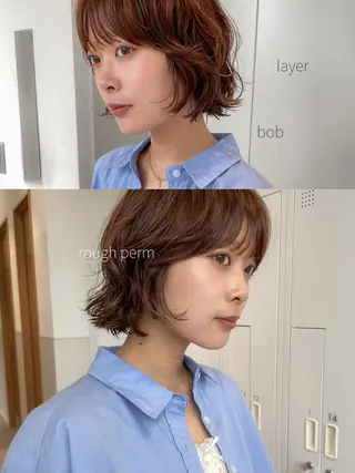 ミディアム カラー パーマ 抜け感ボブ×パーマ |kazaneのヘアスタイル