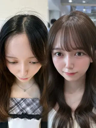 ロング 表参道小顔カット前髪 割れ改善クロスパーマのヘアスタイル