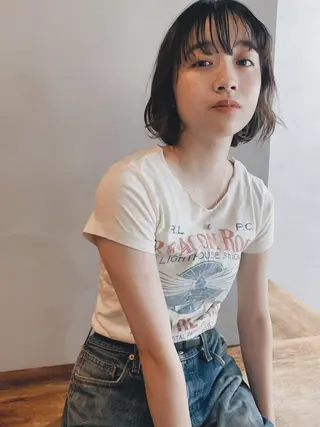 ミディアム カラー ヘアアレンジ ボブパーマコテ巻き風 パーマNo1深江秀平のヘアスタイル