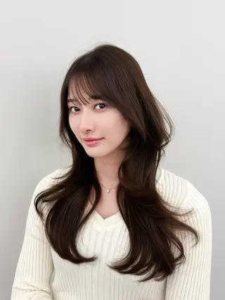 セミロング 割れない顔まわり× 小顔補正レイヤー難波のヘアスタイル