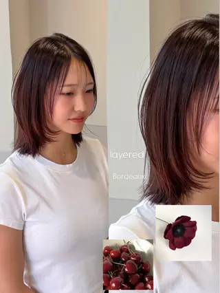 ミディアム カラー パーマ ヘアアレンジ メンズ 切りっぱなしヘアボブ ミディアムヘアRYOのヘアスタイル
