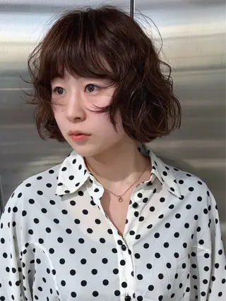 ミディアム パーマ ボブ/透明感カラー Fukaのヘアスタイル
