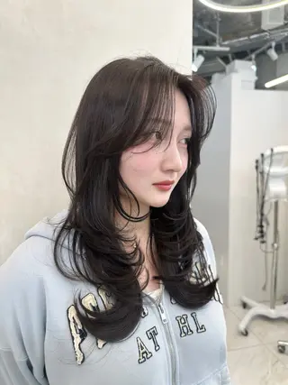 ロング カラー 韓国風レイヤーカラー ライムのヘアスタイル