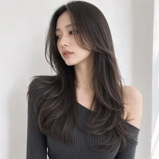 セミロング カラー 顔まわりレイヤー× 韓国ヘアオタベシンヤのヘアスタイル