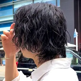 ミディアム パーマ メンズ 女性カットモデル イケガヤのヘアスタイル