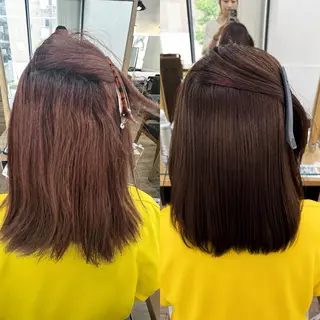 ミディアム カラー パーマ ヘアアレンジ メンズ キッズ レイヤーカット／ 巻ける縮毛矯正のヘアスタイル