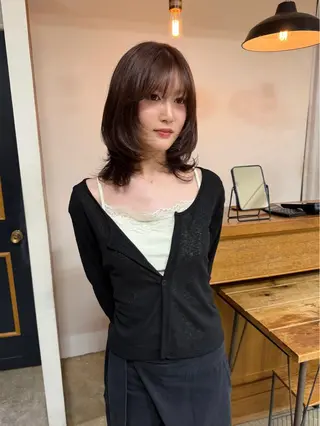 ミディアム カラー 縮毛矯正ボブ&顔まわ レイヤー♡TOMOEのヘアスタイル