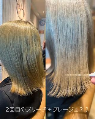 前回初ブリーチ＋ブルー系カラーをされたお客様️
今回は青みをブリーチで抜いてグレージュを塗布
ケア成分をしっかり浸透させてダメージを極力抑えたツヤツヤ仕上がり

施術内容は以下の通り

1.カウンセリング
2.カットor筋膜リリースヘッドスパ
3.前処理（毛髪補修、毛髪の耐久力強化）
4.ブリーチ
5.中間処理（栄養補強、毛髪の耐久力強化）
6.カスタマイズカラー
7.カスタマイズシャンプー
8.後処理（栄養補給、コンディションを整える）
9.サロン5ステップトリートメント
（超音波アイロントリートメント込み）
10.お仕上げ/スタイリング
 