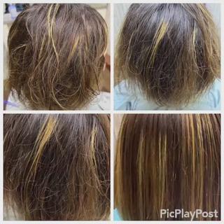 ブリーチ、ハイトーンカラーの混ざった3色毛での縮毛矯正。 