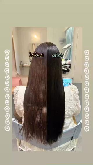 ​比較画像
〜白髪を染めつつ、色味を楽しむ​〜​

根本の暗さ＆白髪と、中間から毛先にかけた明るめ茶色を統一に『カーキ色』

︎白髪染めの薬剤を使っているので暗く感じます

マイクロバブル×トリートメントでまとまりのあるサラツヤヘアになりました 